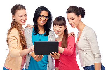 Image showing international group of happy women with tablet pc
