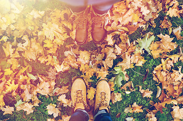 Image showing couple of feet in boots and autumn leaves