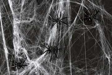 Image showing halloween decoration of black toy spiders on web