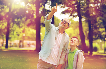 Image showing grandfather and boy pointing up at summer park