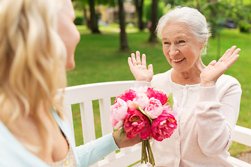 Image showing daughter giving flowers to senior mother at park