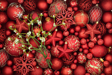 Image showing Christmas Mistletoe and Red Baubles