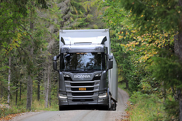 Image showing Silver Next Generation Scania R500 Tractor Trailer on Forest Roa