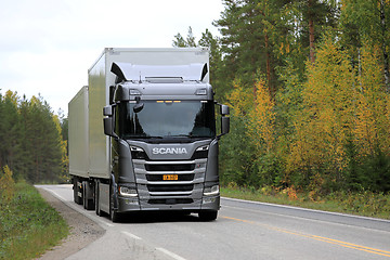 Image showing Silver Scania R500 Tractor Trailer on Autumn Highway