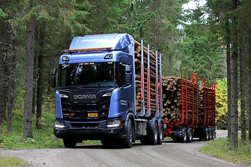 Image showing Scania R650 XT Logging Truck in Spruce Forest