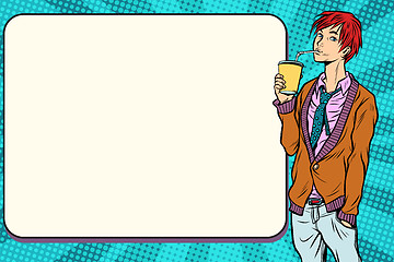 Image showing Fashionable hipster young man drinking a beverage, manga anime