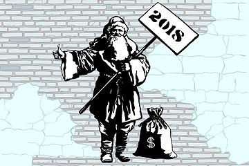 Image showing 2018 new year Santa Claus hitchhiker with a bag of money