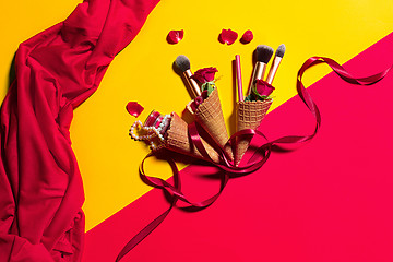 Image showing Still life of fashion woman, objects on yellow table