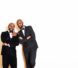 Image showing two afro-american businessmen in black suits emotional posing, g