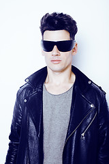 Image showing young handsome modern man in sunglasses like robot, lifestyle fashion style people concept