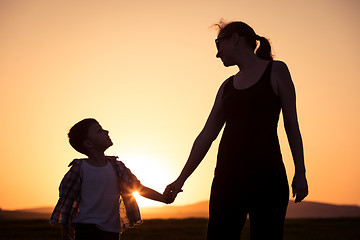 Image showing Mother and son walking on the field at the sunset time.