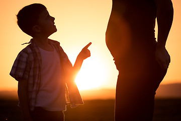 Image showing Mother and son walking on the field at the sunset time.