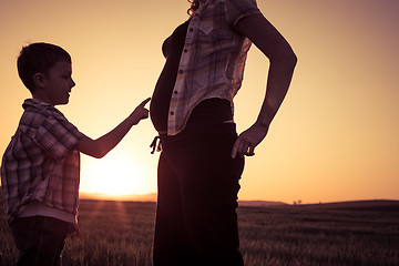 Image showing Mother and son walking on the field at the sunset time.