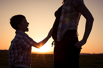 Image showing Mother and son walking on the field at the sunset time.