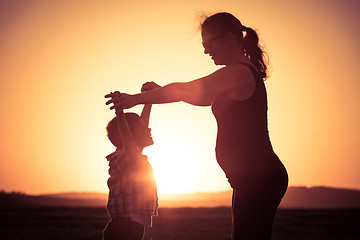 Image showing Mother and son walking on the field at the sunset time.