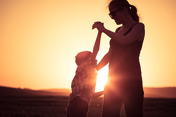 Image showing Mother and son walking on the field at the sunset time.