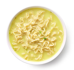 Image showing Bowl of soup with noodles and cheese