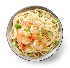 Image showing Bowl of spaghetti and fried prawns