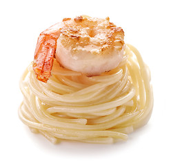 Image showing spaghetti and fried prawn