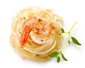Image showing spaghetti and fried prawn