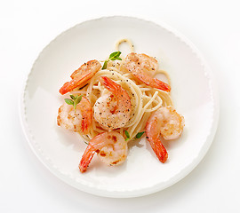 Image showing Plate of spaghetti and fried prawns