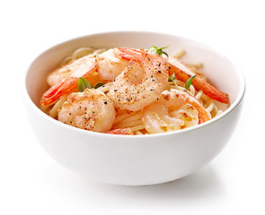 Image showing Bowl of spaghetti and fried prawns