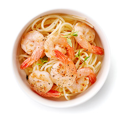 Image showing Bowl of spaghetti and fried prawns