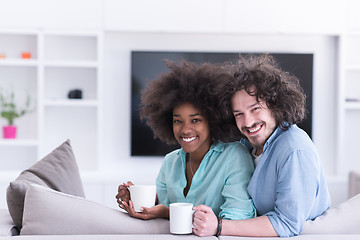 Image showing multiethnic couple sitting on sofa at home drinking coffe