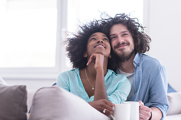 Image showing multiethnic couple sitting on sofa at home drinking coffe