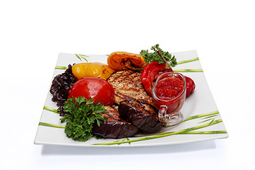 Image showing Ready-to-eat steak with baked vegetables