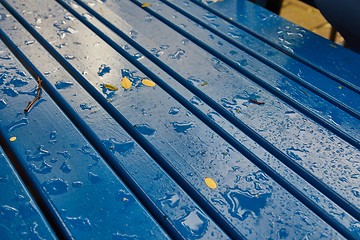 Image showing Raining on a park table