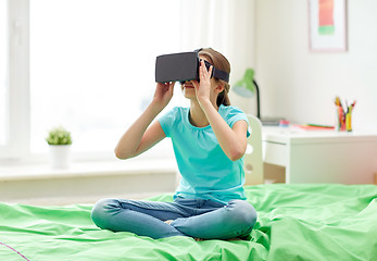 Image showing happy girl in vr headset or 3d glasses at home