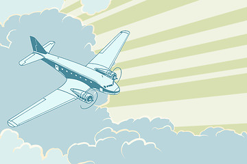 Image showing Retro airplane flying in the clouds. Air travel background