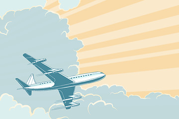 Image showing Retro airplane flying in the clouds. Air travel background
