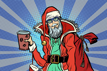 Image showing close-up Hipster Santa Claus with a Cup of coffee