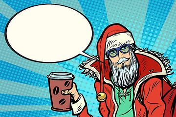 Image showing Hipster Santa Claus with coffee says