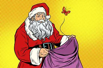 Image showing Sad Santa and empty Christmas bag with a moth