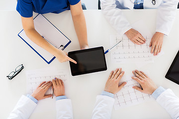 Image showing doctors with cardiograms and tablet pc at hospital