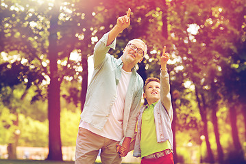 Image showing grandfather and boy pointing up at summer park