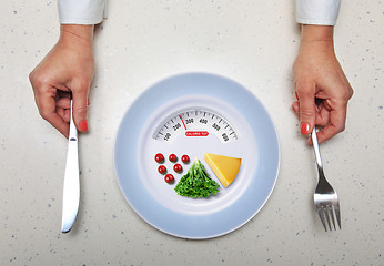 Image showing healthy food and hands with kitchen flatware 