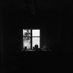 Image showing Dishes on the wooden table in abandoned house.