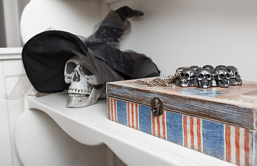 Image showing Human skull in a white cabinet. Halloween theme