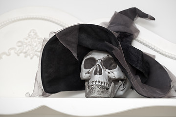 Image showing Human skull in a white cabinet. Halloween theme