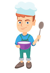 Image showing Caucasian boy holding a saucepan and a spoon.