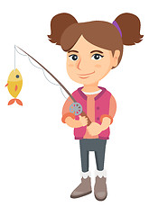 Image showing Little girl holding fishing rod with fish on hook.