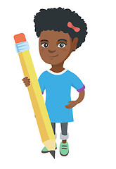 Image showing African kid girl standing with a huge pencil.