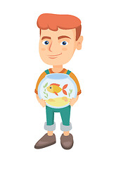 Image showing Caucasian boy holding aquarium with goldfish.