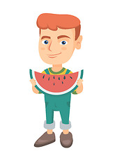 Image showing Young caucasian boy eating delicious watermelon.