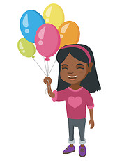 Image showing African girl with the bunch of colorful balloons.