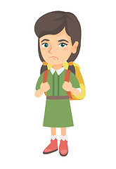 Image showing Little caucasian sad schoolgirl carrying backpack.